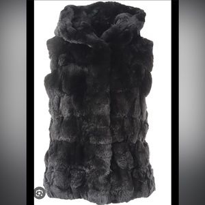 Yves Salomon Womens Rabbit Fur Silk Lined Hooded Vest - Black -  Size EUR36